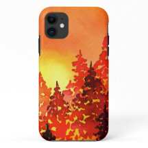 Warm Sunset Waterverf Trees