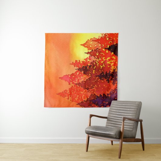Warm Sunset Waterverf Trees Wandkleed (In situ)