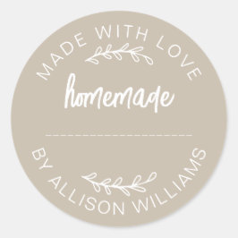 Warm Taupe Script Made With Love Homemade Food Jar Ronde Sticker
