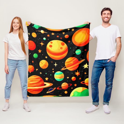 Warm-Toned Cosmic Cartoon Art Fleece Deken (In situ)