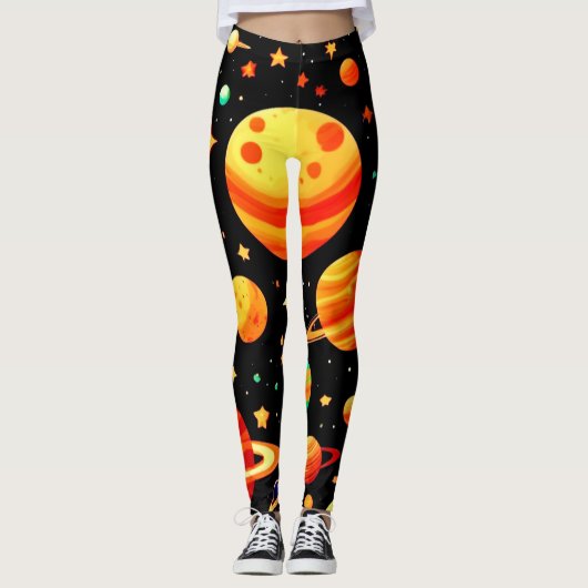 Warm-Toned Cosmic Cartoon Art Leggings (Voorkant)
