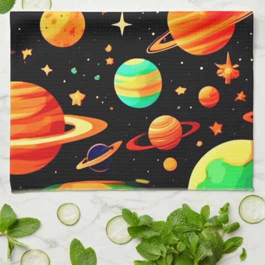 Warm-Toned Cosmic Cartoon Art Theedoek (Gevouwen)