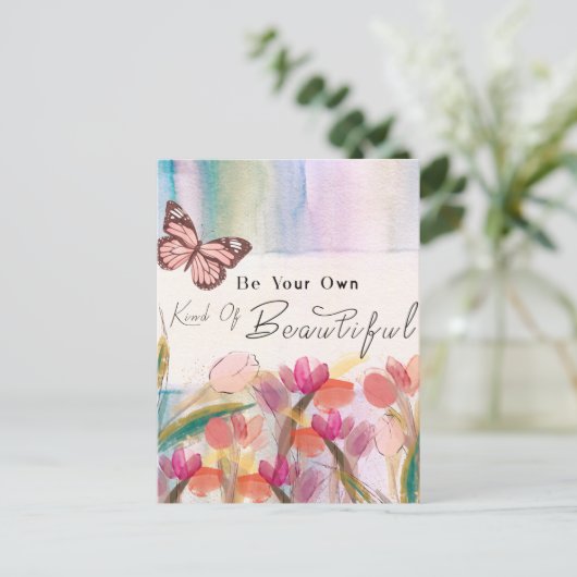 Warm Tulips en Butterfly Quote, aangepast monogram Briefkaart (Staand voorkant)
