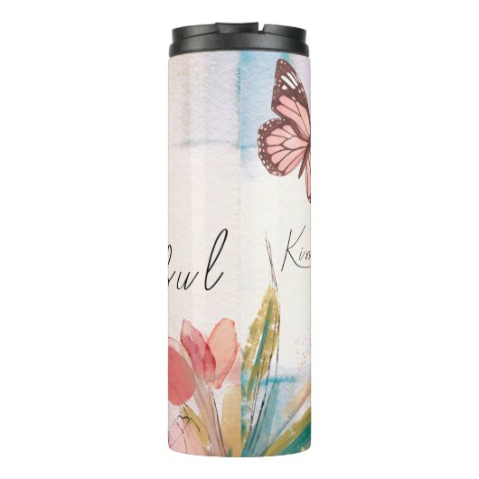 Warm Tulips en Butterfly Quote, aangepast monogram Thermosbeker (Achterkant)