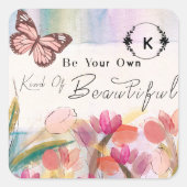 Warm Tulips en Butterfly Quote, aangepast monogram Vierkante Sticker (Voorkant)