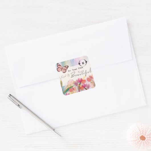Warm Tulips en Butterfly Quote, aangepast monogram Vierkante Sticker (Envelop)