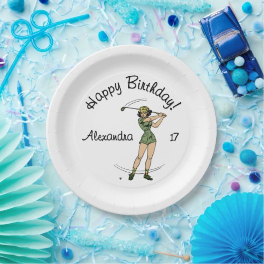 Warm Up Lady Golfer Happy Birthday Naam Leeftijd Papieren Bordje (Feest)