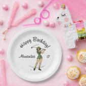 Warm Up Lady Golfer Happy Birthday Naam Leeftijd Papieren Bordje (Feest)