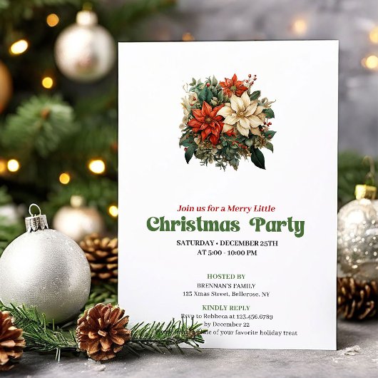 Warm vintage Kerstbloemen feest uitnodiging
