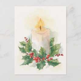 Warm Watercolor Candle and Holly Feestdagenkaart
