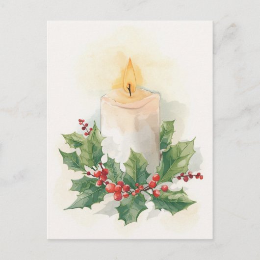 Warm Watercolor Candle and Holly Feestdagenkaart (Voorkant)