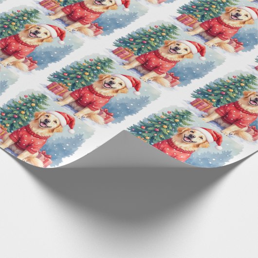 Warm Watercolor Golden Retriever Christmas Tree Cadeaupapier (Hoek)