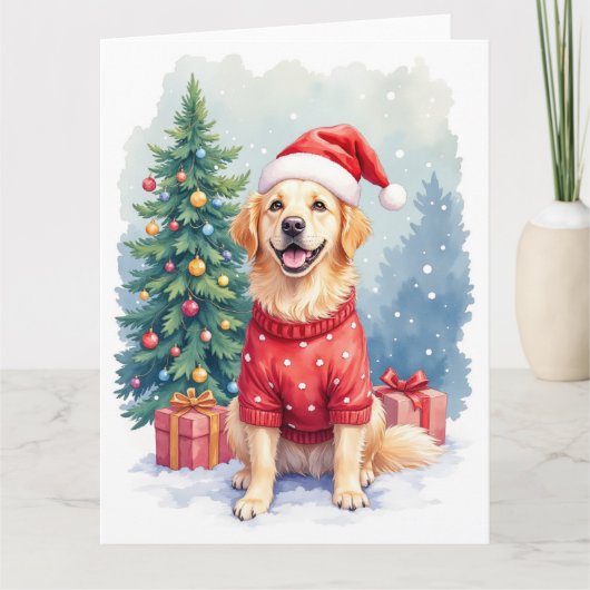 Warm Watercolor Golden Retriever Christmas Tree Kaart (Voorkant)