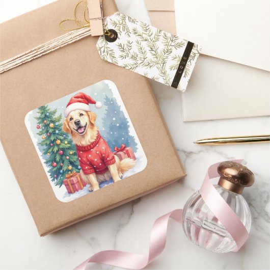 Warm Watercolor Golden Retriever Christmas Tree Vierkante Sticker (Geschenken)
