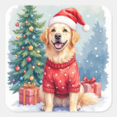 Warm Watercolor Golden Retriever Christmas Tree Vierkante Sticker (Voorkant)