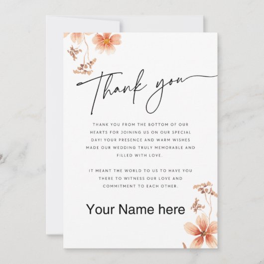 Warm Waterverf Bloemen Kalligrafie Bruiloft Bedankkaart (Voorkant)