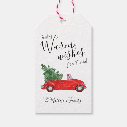 Warm wensen # rode auto tropisch #Christmas Cadeaulabel (Voorkant)