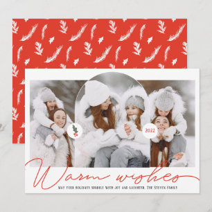 Warm wenst moderne boog 3 foto's rood schrift feestdagenkaart