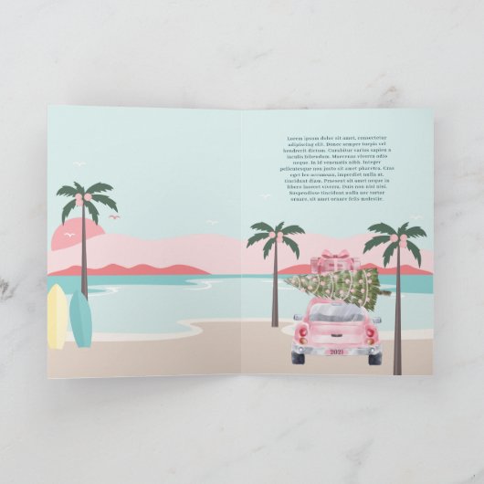 Warm wint tropische palmbomen en roze retrocar feestdagen kaart (Binnen)