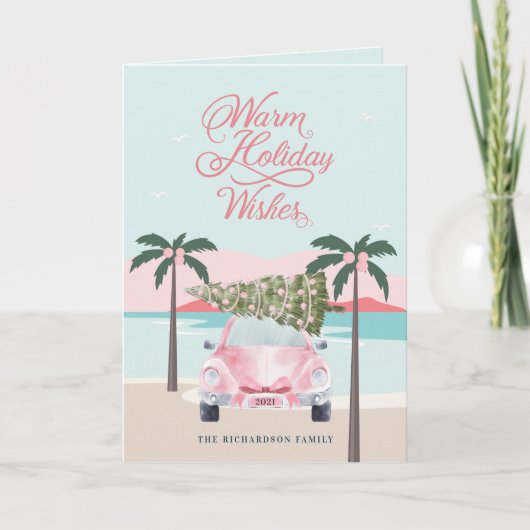 Warm wint tropische palmbomen en roze retrocar feestdagen kaart (Voorkant)