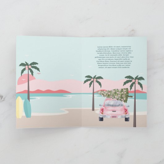 Warm wint tropische palmbomen en roze retrocar feestdagen kaart (Binnen)