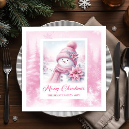 Warm Winter Forest Pink Snowman Christmas Napkins  Servet
