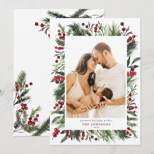 Warm Winter Pine Berry Natural Botanicals Foto Ho Feestdagenkaart (Voorkant / Achterkant)