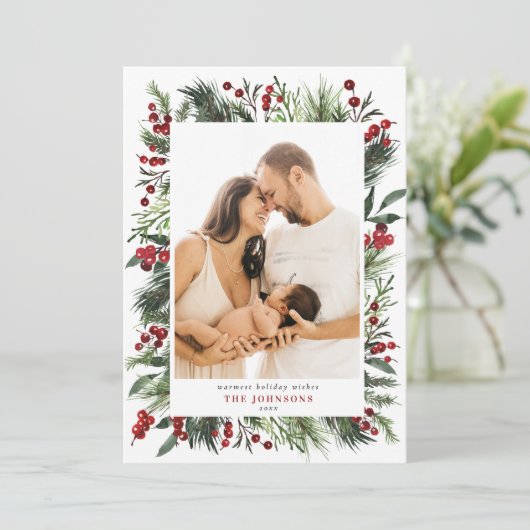 Warm Winter Pine Berry Natural Botanicals Foto Ho Feestdagenkaart (Staand voorkant)