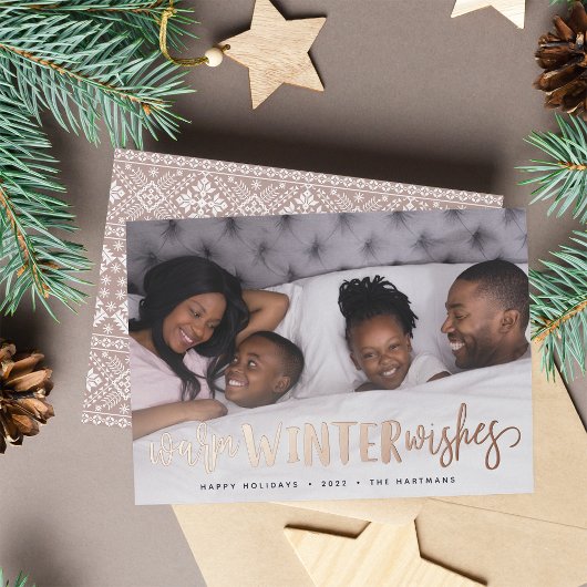Warm Winter Wishes | Horizontale foto Folie Feestdagenkaart