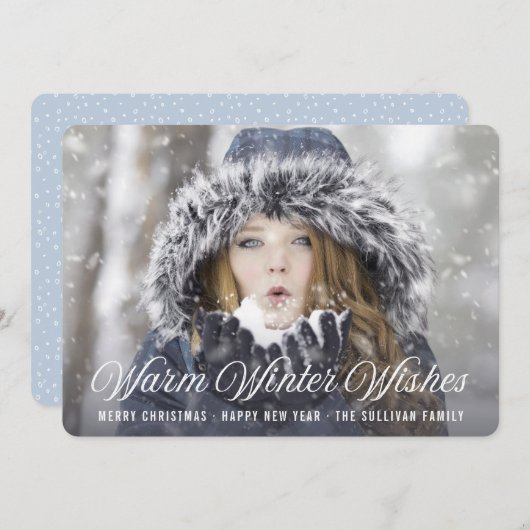 Warm Winter Wishes | Moderne scriptvakantiefoto Feestdagenkaart (Voorkant / Achterkant)