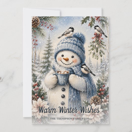 Warm Winter Wishes Sneeuwman Heet Chocolade Waterv Feestdagenkaart (Voorkant)