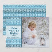 Warm Winter Wishes Snowflake Sweater Photo Blue Feestdagenkaart (Voorkant / Achterkant)