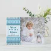 Warm Winter Wishes Snowflake Sweater Photo Blue Feestdagenkaart (Staand voorkant)