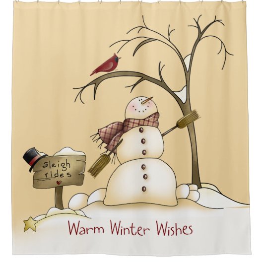 Warm Winter Wishes Snowman Red Bird Sleigh Rides Douchegordijn (Voorkant)