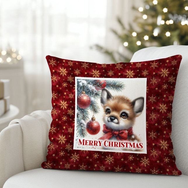 Warm winterscène baby hert Kerstkussen  Kussen (Warm winter scene baby fawn Christmas pillow (48))