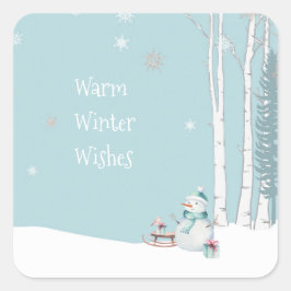Warm Winterwensen Sneeuwman met slee Sneeuwend Bla Vierkante Sticker