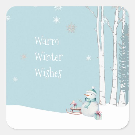 Warm Winterwensen Sneeuwman met slee Sneeuwend Bla Vierkante Sticker (Voorkant)