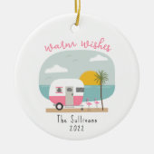 Warm Wishes Beach roze Camper Flamingo Keramisch Ornament (Voorkant)