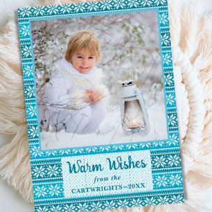 Warm Wishes Blue Nordic Snowflake Sweater Foto Feestdagenkaart