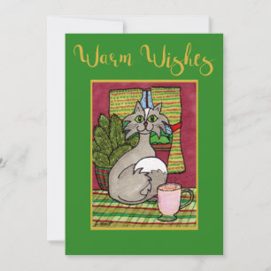 Warm Wishes Cat & Eggnog Personalized Christmas Feestdagenkaart