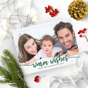 Warm Wishes Chic Groene Calligrafie Foto Kerstmis Briefkaart