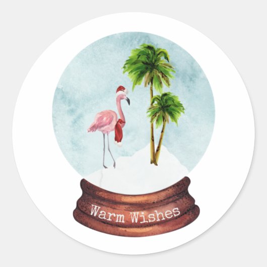 Warm Wishes Flamingo Palm Trees Snow Wereldbol Ronde Sticker (Voorkant)