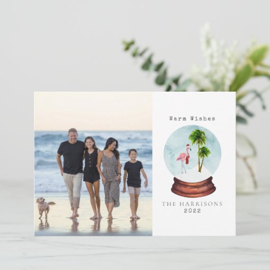 Warm Wishes Flamingo Snow Wereldbol Kerstmis Foto Feestdagenkaart (Staand voorkant)
