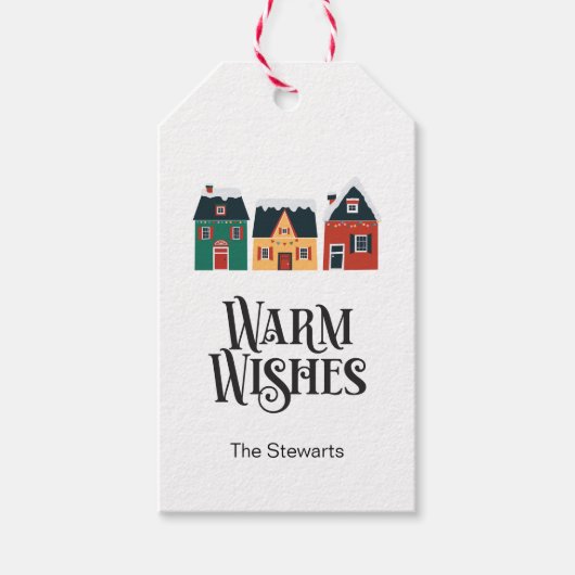 Warm Wishes Gift Label, Vakantie Kerstdorp Cadeaulabel (Voorkant)