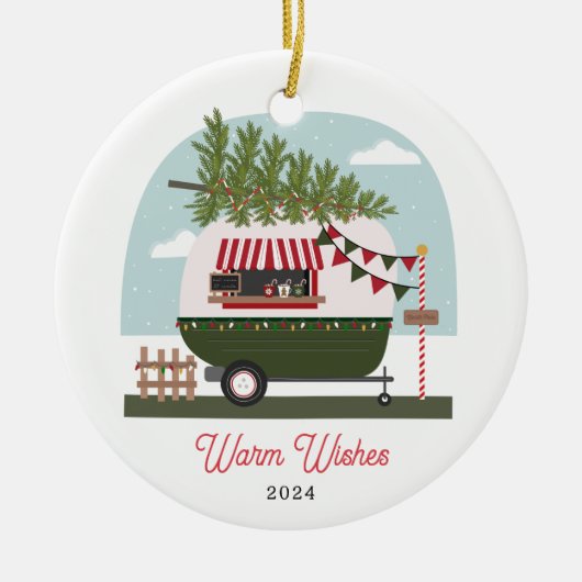 Warm Wishes Hot Cocoa Camper Kerstmis Keramisch Ornament (Voorkant)