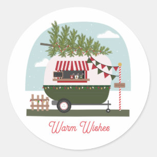 Warm Wishes Hot Cocoa Camper Kerstmis Ronde Sticker
