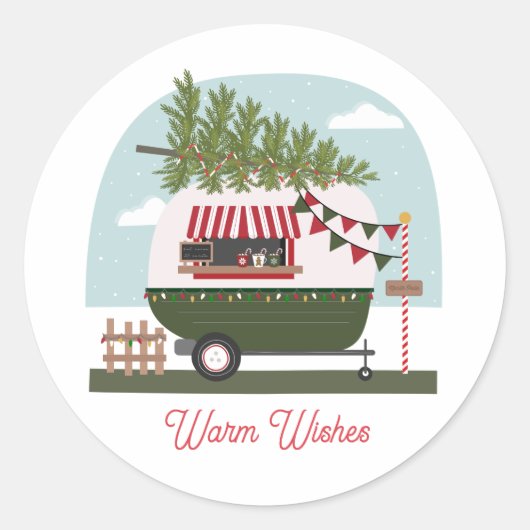 Warm Wishes Hot Cocoa Camper Kerstmis Ronde Sticker (Voorkant)