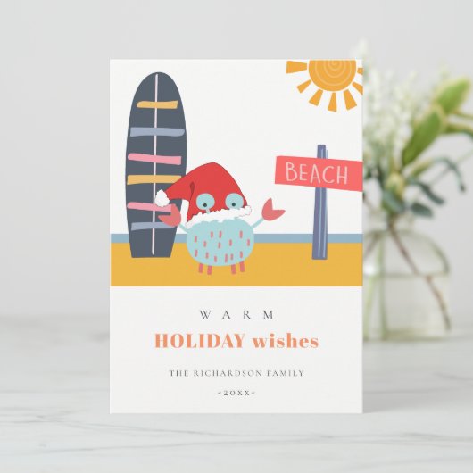 Warm Wishes Kerstmis in juli Beach Sun Sand Crab Feestdagenkaart (Staand voorkant)