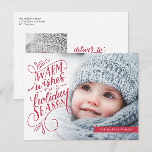 Warm Wishes Lettered Banner Holiday Foto Feestdagenkaart (Voorkant / Achterkant)