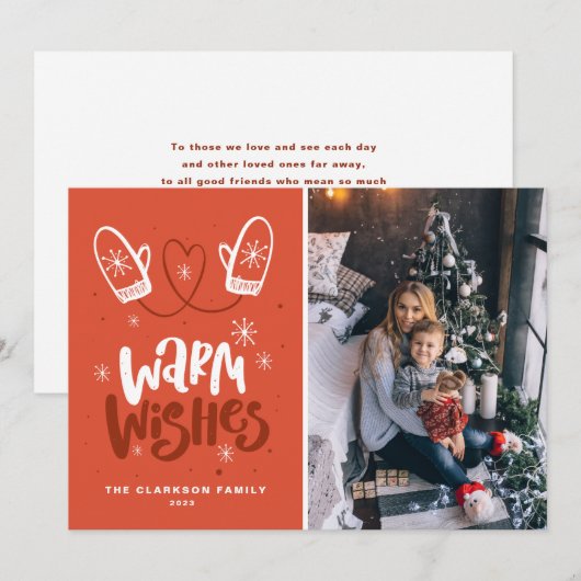 Warm Wishes Lettering | Foto Snowflakes Mittens Feestdagenkaart (Voorkant / Achterkant)